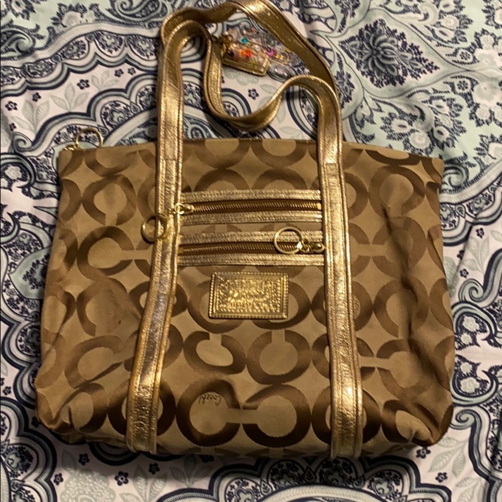 Brown and Tan Coach Poppy Purse with Gold Accents